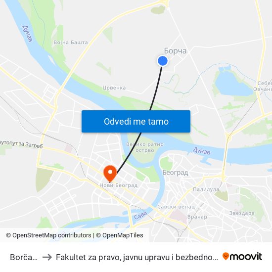 Borča 3 to Fakultet za pravo, javnu upravu i bezbednost map