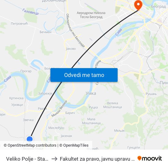 Veliko Polje - Stara Pruga to Fakultet za pravo, javnu upravu i bezbednost map