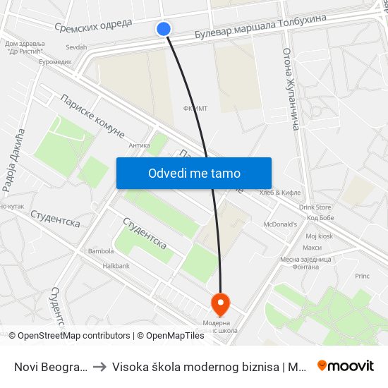 Novi Beograd - Paviljoni to Visoka škola modernog biznisa | MBS - Modern Business School map