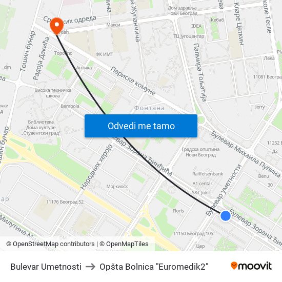 Bulevar Umetnosti to Opšta Bolnica "Euromedik2" map