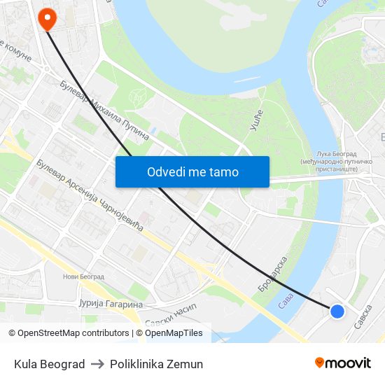 Kula Beograd to Poliklinika Zemun map