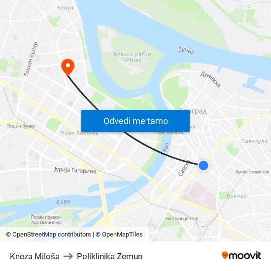 Kneza Miloša to Poliklinika Zemun map