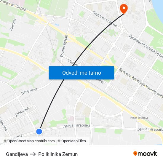 Gandijeva to Poliklinika Zemun map