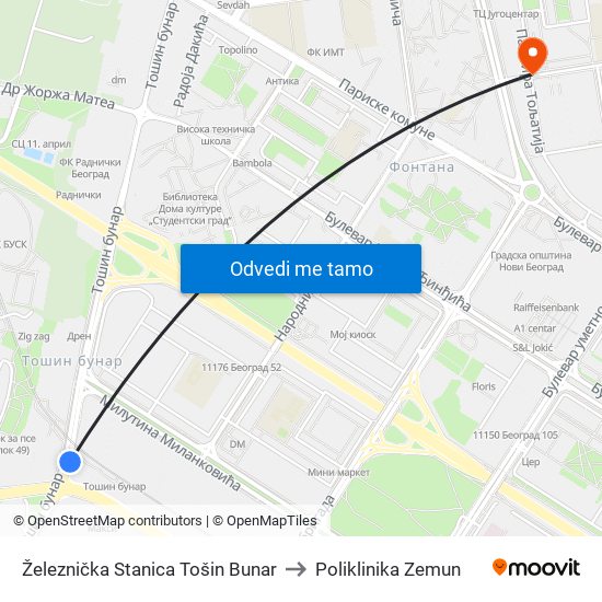 Železnička Stanica Tošin Bunar to Poliklinika Zemun map