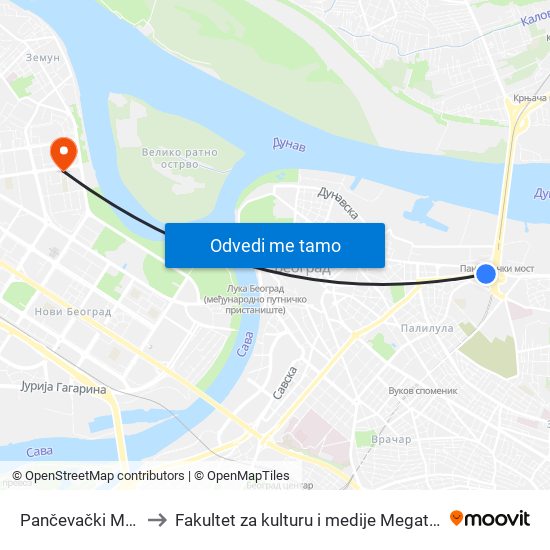 Pančevački Most to Fakultet za kulturu i medije Megatrend map