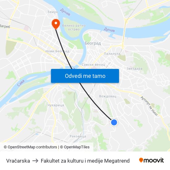 Vračarska to Fakultet za kulturu i medije Megatrend map