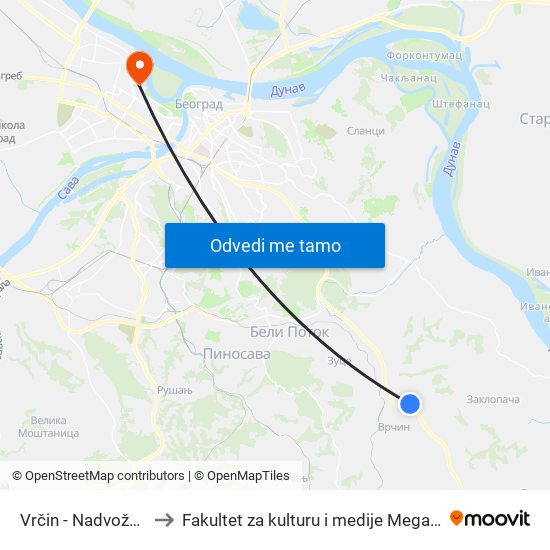 Vrčin - Nadvožnjak to Fakultet za kulturu i medije Megatrend map