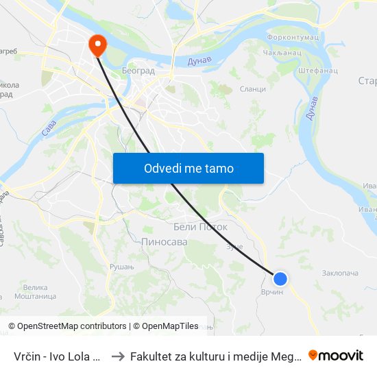 Vrčin - Ivo Lola Ribar to Fakultet za kulturu i medije Megatrend map