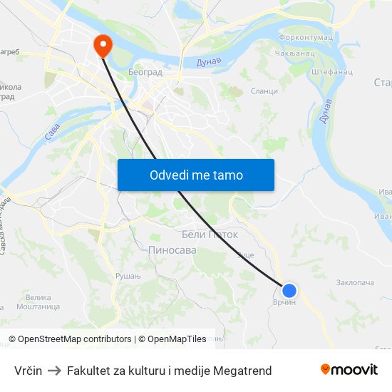 Vrčin to Fakultet za kulturu i medije Megatrend map