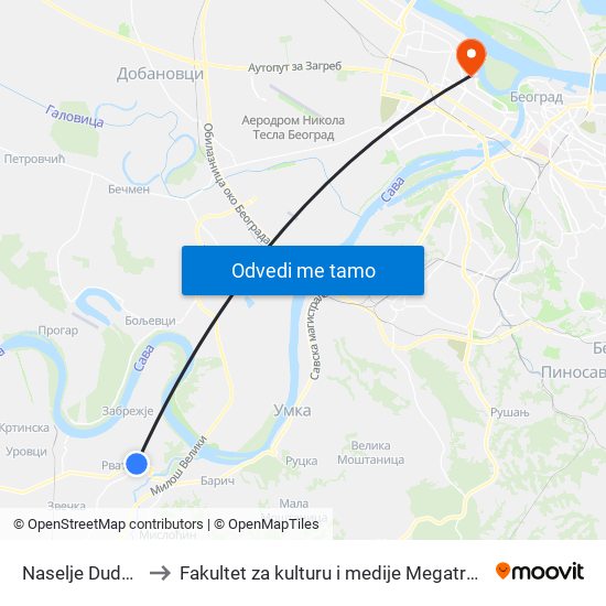 Naselje Dudovi to Fakultet za kulturu i medije Megatrend map