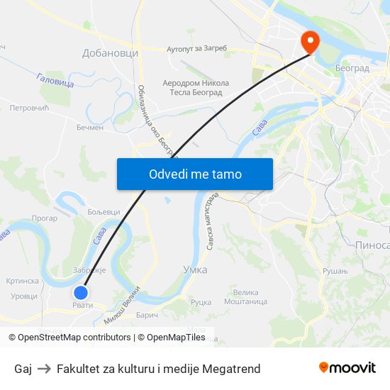 Gaj to Fakultet za kulturu i medije Megatrend map