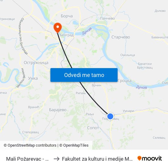 Mali Požarevac - Centar to Fakultet za kulturu i medije Megatrend map