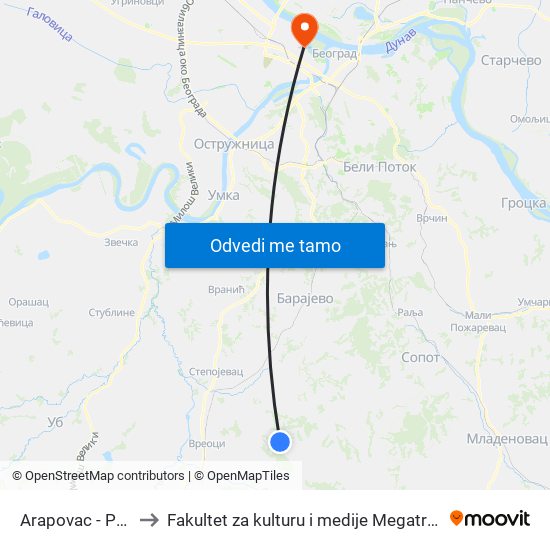 Arapovac - Panj to Fakultet za kulturu i medije Megatrend map