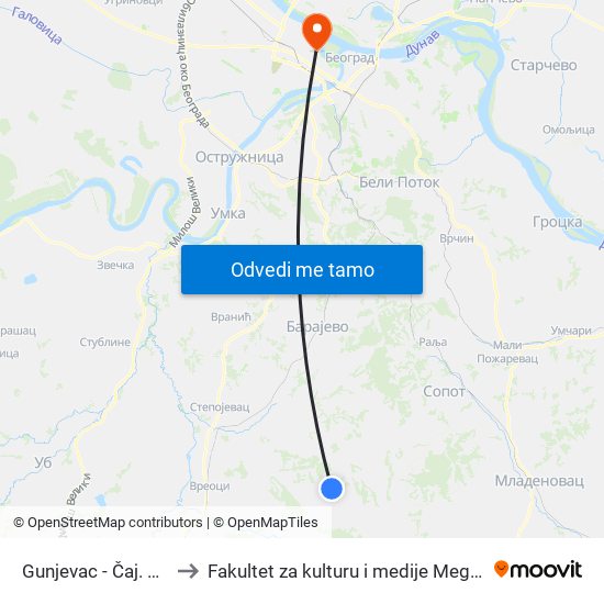 Gunjevac - Čaj. Kuća to Fakultet za kulturu i medije Megatrend map