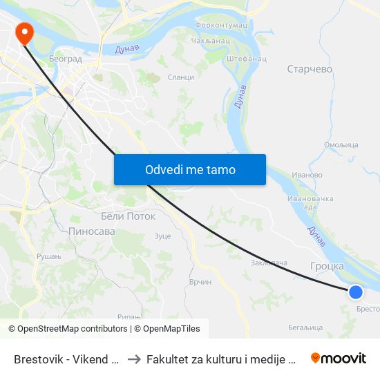 Brestovik - Vikend Naselje to Fakultet za kulturu i medije Megatrend map