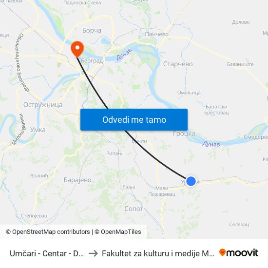 Umčari - Centar - Dolazna to Fakultet za kulturu i medije Megatrend map