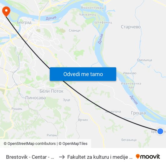 Brestovik - Centar - Okretnica to Fakultet za kulturu i medije Megatrend map