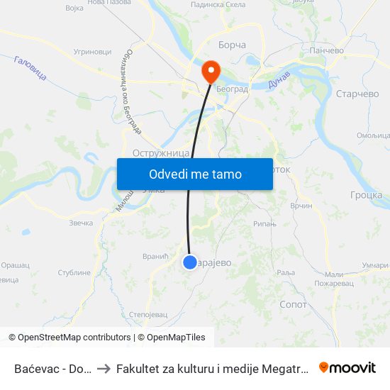 Baćevac - Dom to Fakultet za kulturu i medije Megatrend map