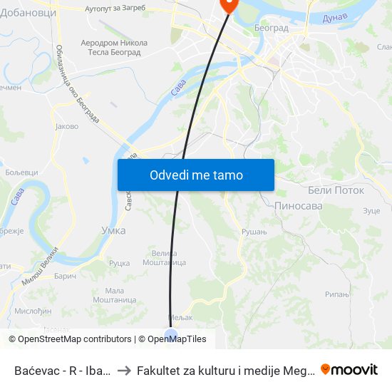 Baćevac - R - Ibarska to Fakultet za kulturu i medije Megatrend map