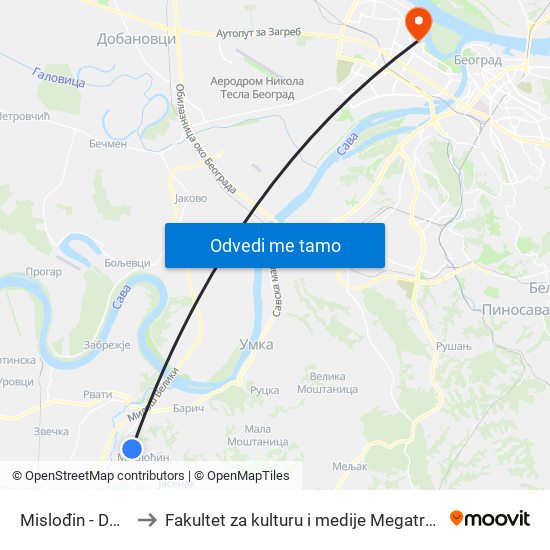 Mislođin - Dom to Fakultet za kulturu i medije Megatrend map