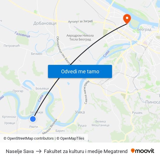 Naselje Sava to Fakultet za kulturu i medije Megatrend map