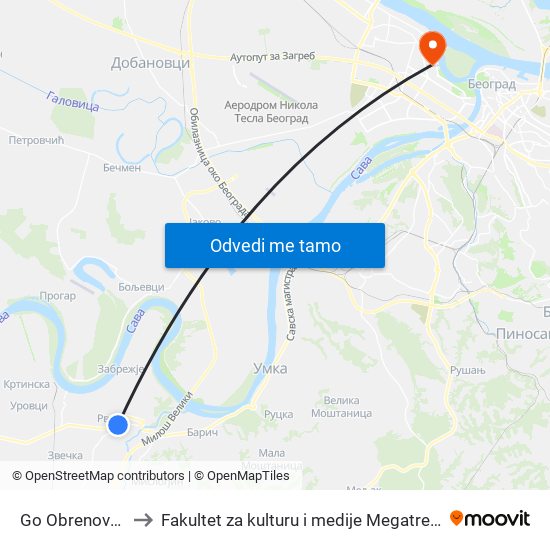 Go Obrenovac to Fakultet za kulturu i medije Megatrend map