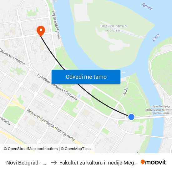 Novi Beograd - Ušće to Fakultet za kulturu i medije Megatrend map