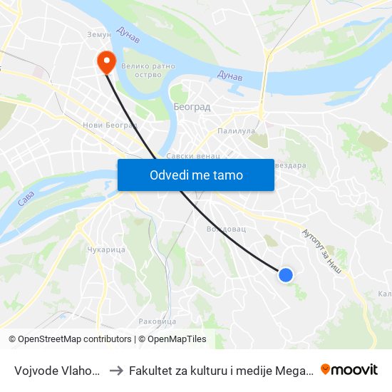 Vojvode Vlahovića to Fakultet za kulturu i medije Megatrend map