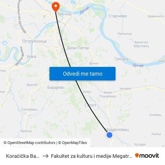 Koraćička Banja to Fakultet za kulturu i medije Megatrend map