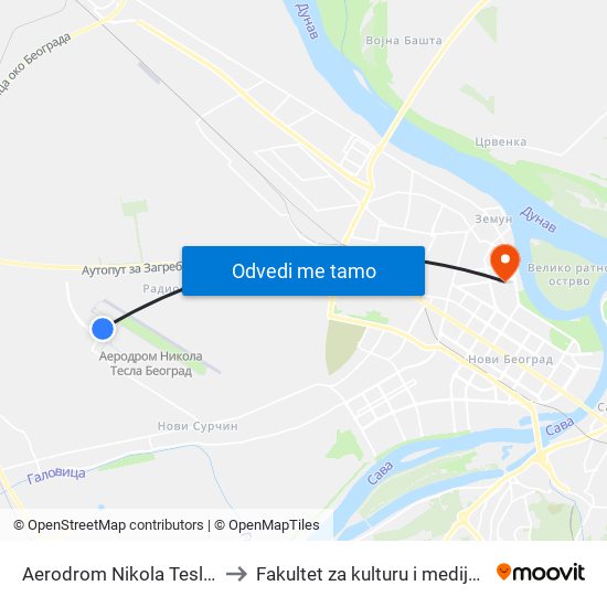 Aerodrom Nikola Tesla - Dolasci to Fakultet za kulturu i medije Megatrend map