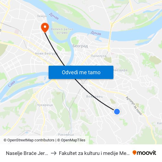 Naselje Braće Jerković to Fakultet za kulturu i medije Megatrend map