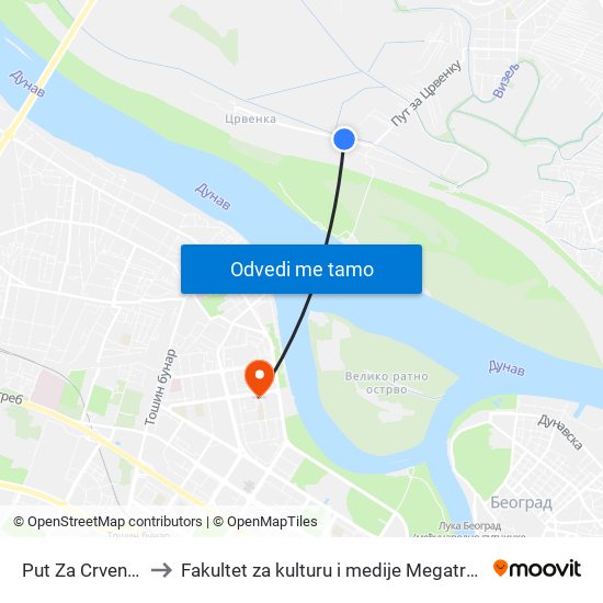 Put Za Crvenku to Fakultet za kulturu i medije Megatrend map