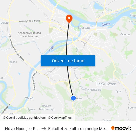 Novo Naselje - Rušanj to Fakultet za kulturu i medije Megatrend map