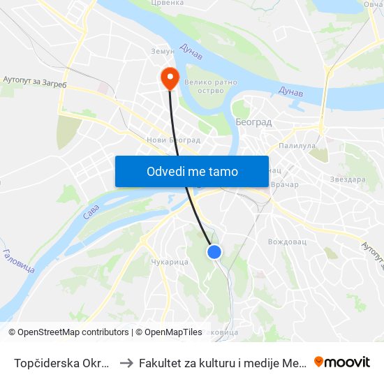 Topčiderska Okretnica to Fakultet za kulturu i medije Megatrend map