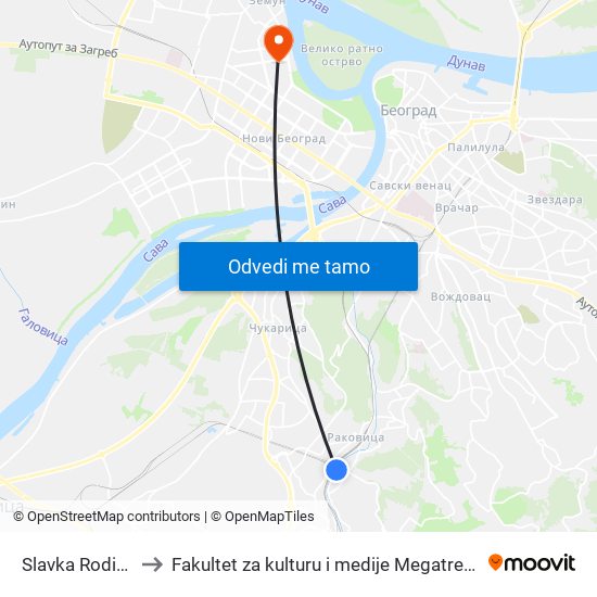 Slavka Rodića to Fakultet za kulturu i medije Megatrend map