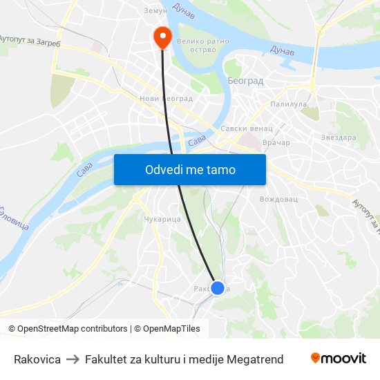 Rakovica to Fakultet za kulturu i medije Megatrend map