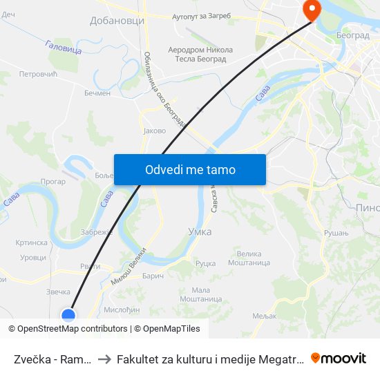 Zvečka - Rampa to Fakultet za kulturu i medije Megatrend map