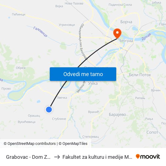 Grabovac - Dom Zdravlja to Fakultet za kulturu i medije Megatrend map