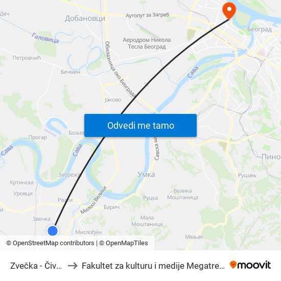 Zvečka - Čivija to Fakultet za kulturu i medije Megatrend map