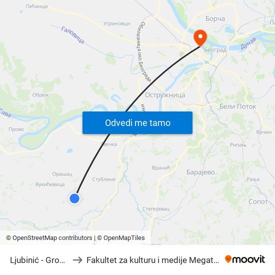 Ljubinić - Groblje to Fakultet za kulturu i medije Megatrend map