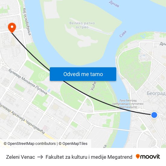 Zeleni Venac to Fakultet za kulturu i medije Megatrend map