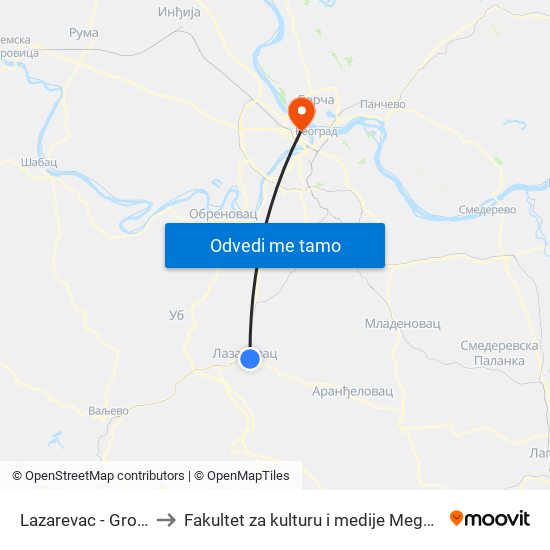 Lazarevac - Groblje to Fakultet za kulturu i medije Megatrend map