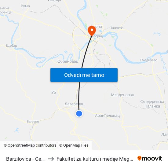 Barzilovica - Centar to Fakultet za kulturu i medije Megatrend map