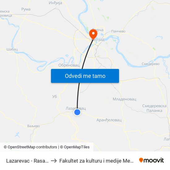 Lazarevac - Rasadnik to Fakultet za kulturu i medije Megatrend map