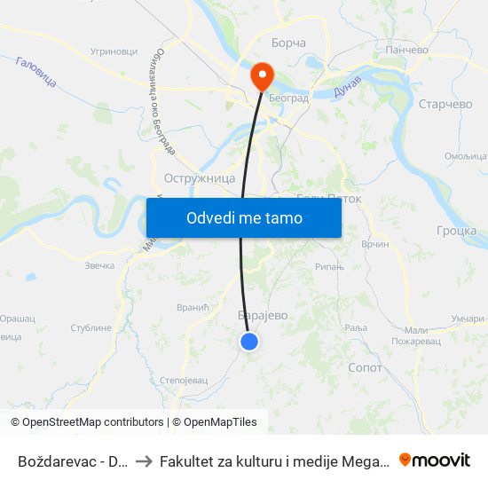 Boždarevac - Dom to Fakultet za kulturu i medije Megatrend map