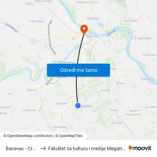 Baćevac - Crkva to Fakultet za kulturu i medije Megatrend map