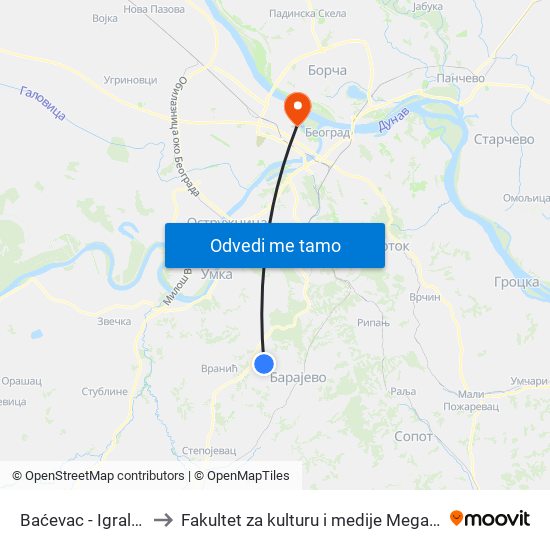 Baćevac - Igralište to Fakultet za kulturu i medije Megatrend map
