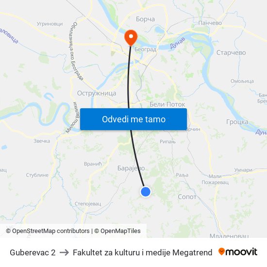 Guberevac 2 to Fakultet za kulturu i medije Megatrend map