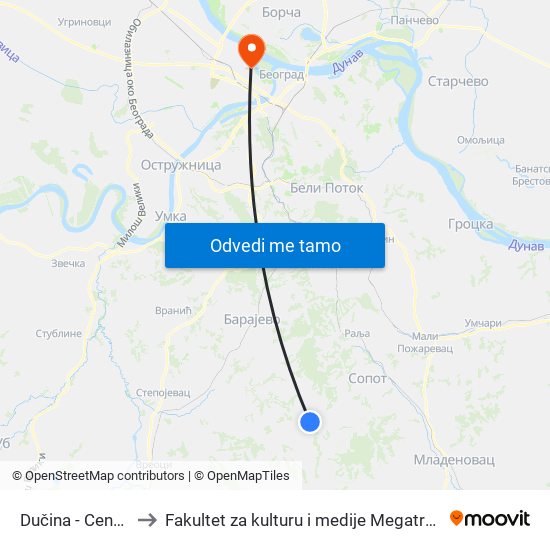 Dučina - Centar to Fakultet za kulturu i medije Megatrend map