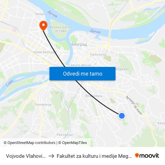 Vojvode Vlahovića 1 to Fakultet za kulturu i medije Megatrend map